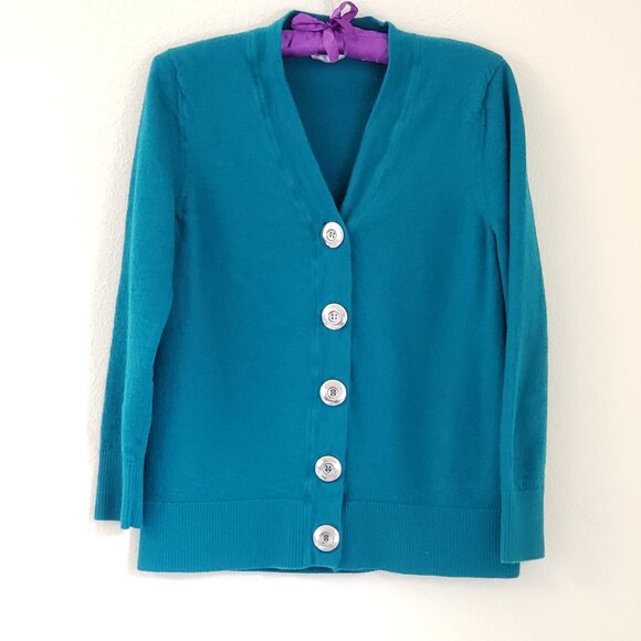 Vintage Sweaters - LADY HATHAWAY Knit Teal Jewel Tone Crewneck Button Up Cardigan Sweater S